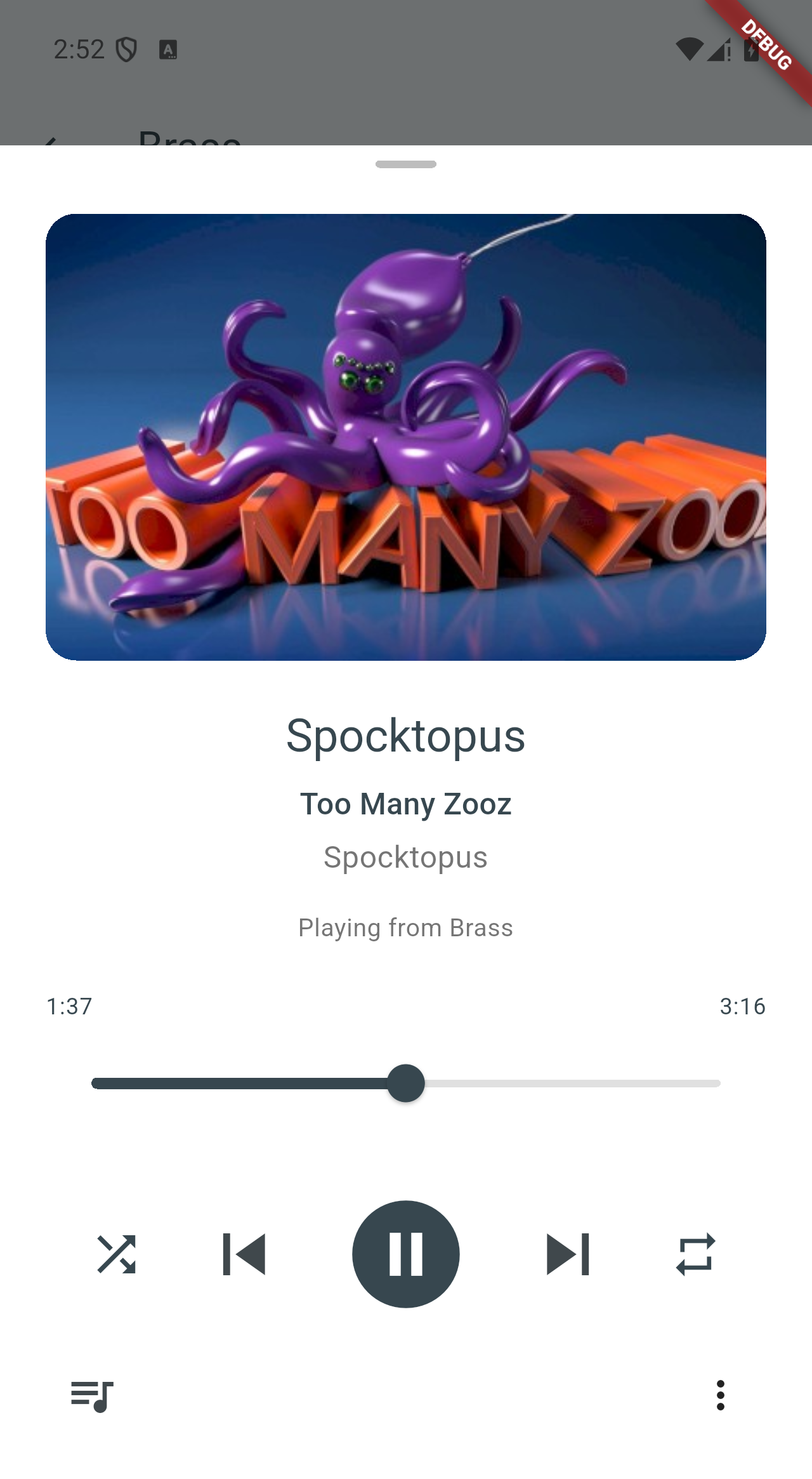 The Now Playing view with artwork, seek bar and playback controls