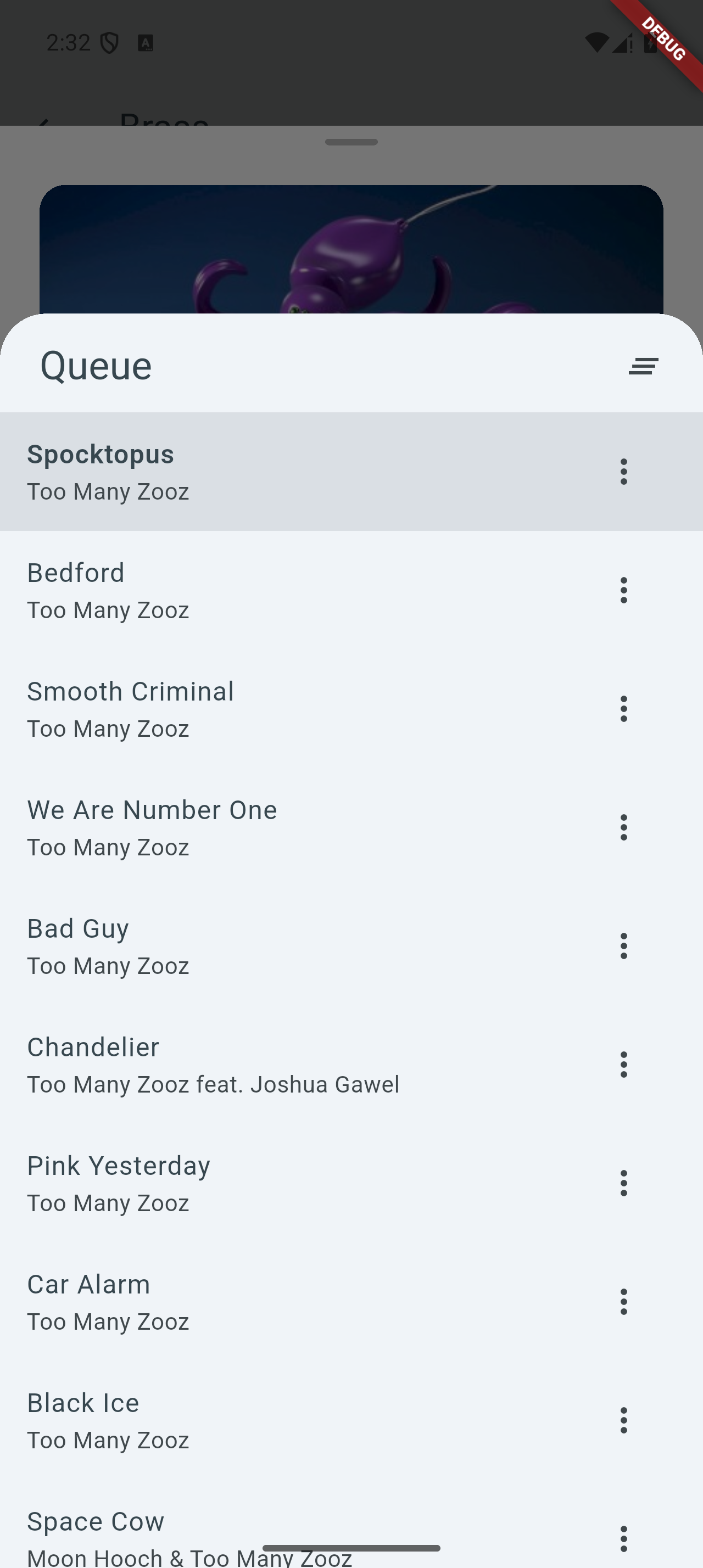 The playback queue, reorderable by dragging